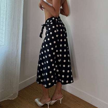 Vintage Italian Black White Polka Dot Wrap Midi Skirt Y2K (S)