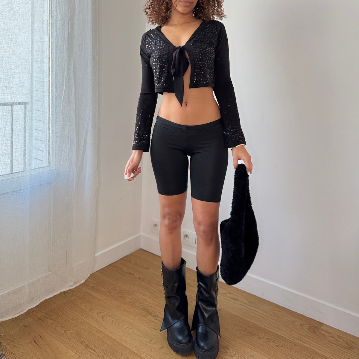 Vintage Black Sequin Tie Front Cardigan Sheer Mesh Y2K Euro Top (S)