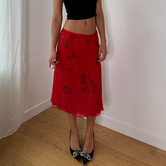 Vintage Red Floral Mesh Midi Skirt Italian Y2K Skirt (S) ⠀