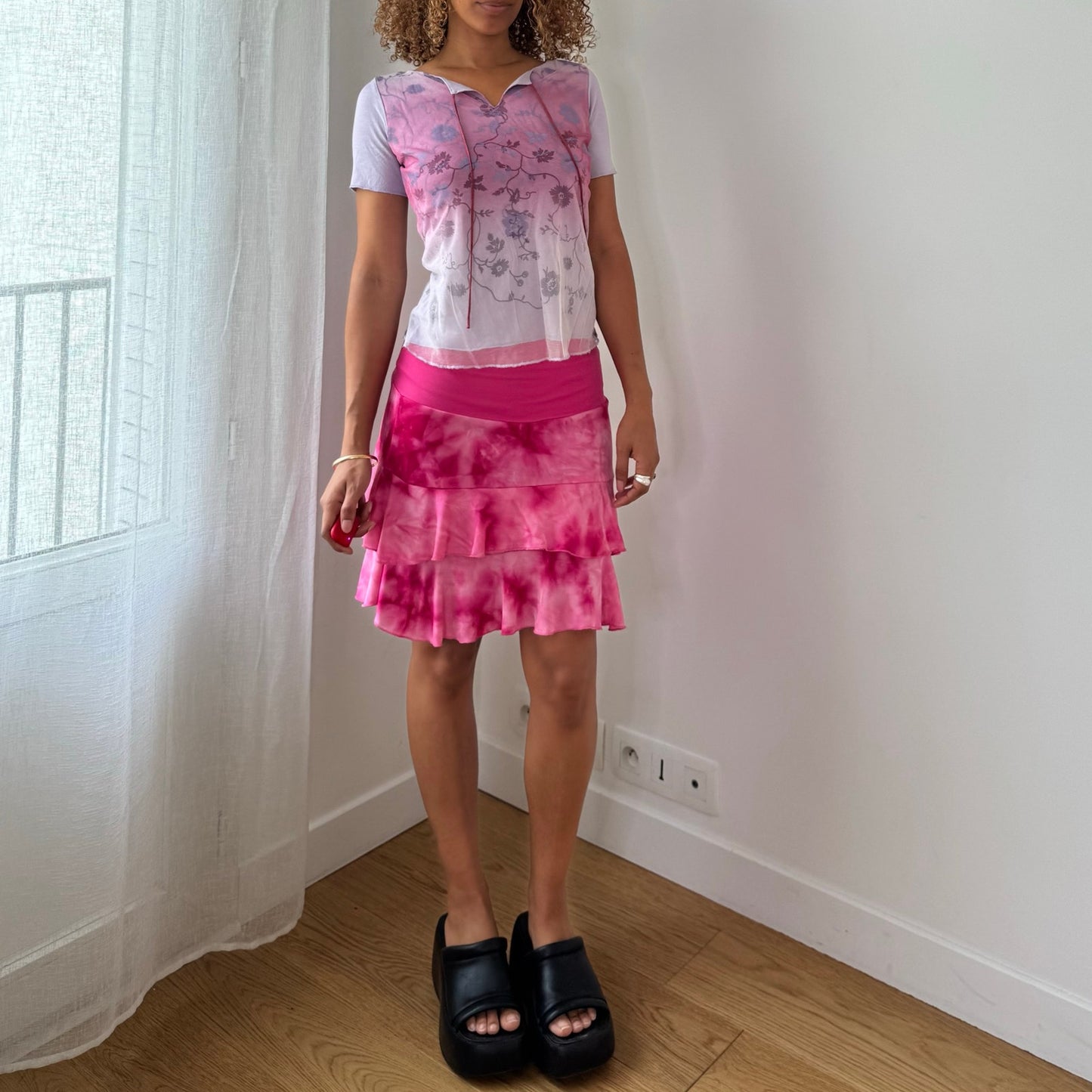 Vintage Purple Floral Mesh Top Sheer Layered Italian Y2K (S/M)