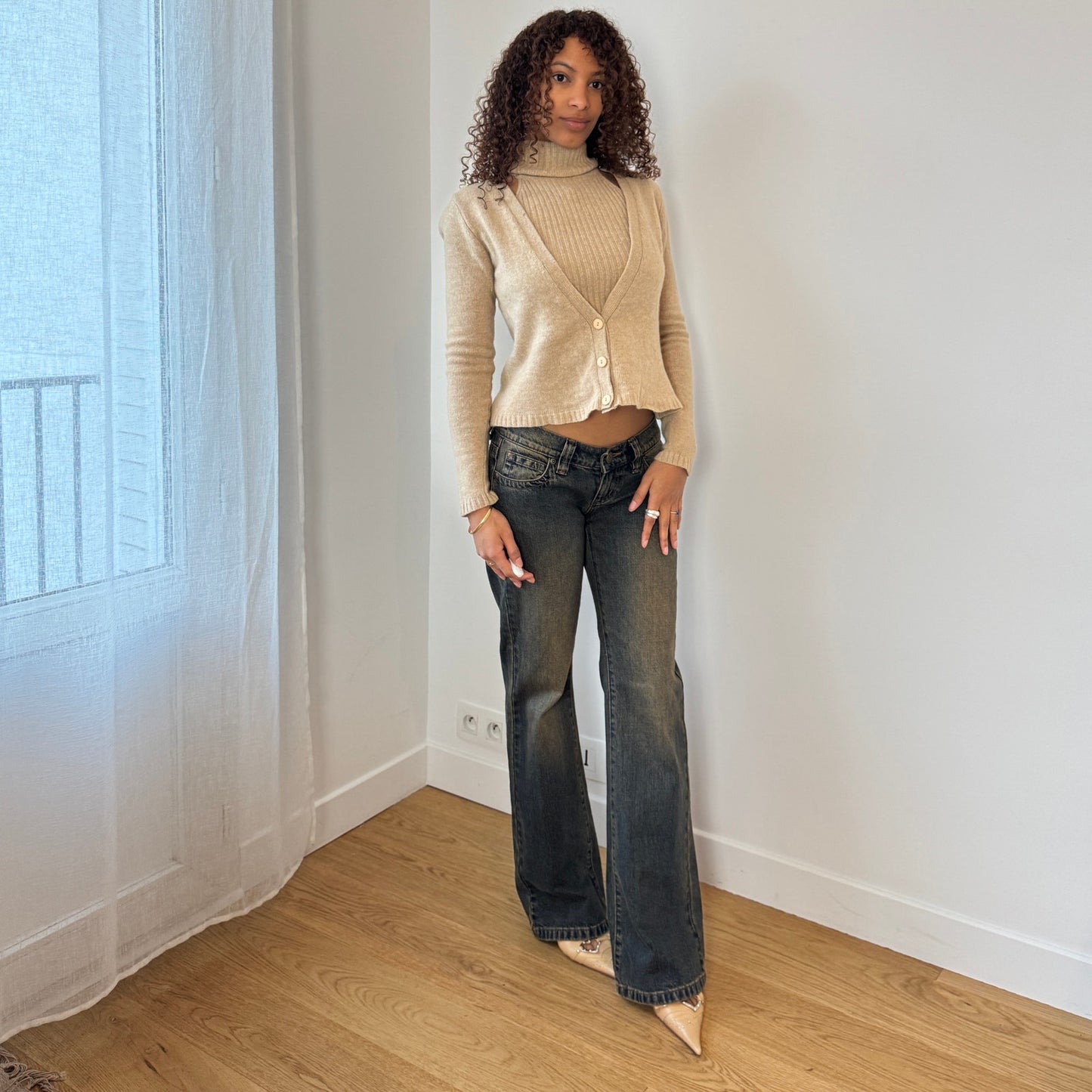 Italian vintage 100% wool beige knit twin set – cardigan and halter turtleneck (S/M)