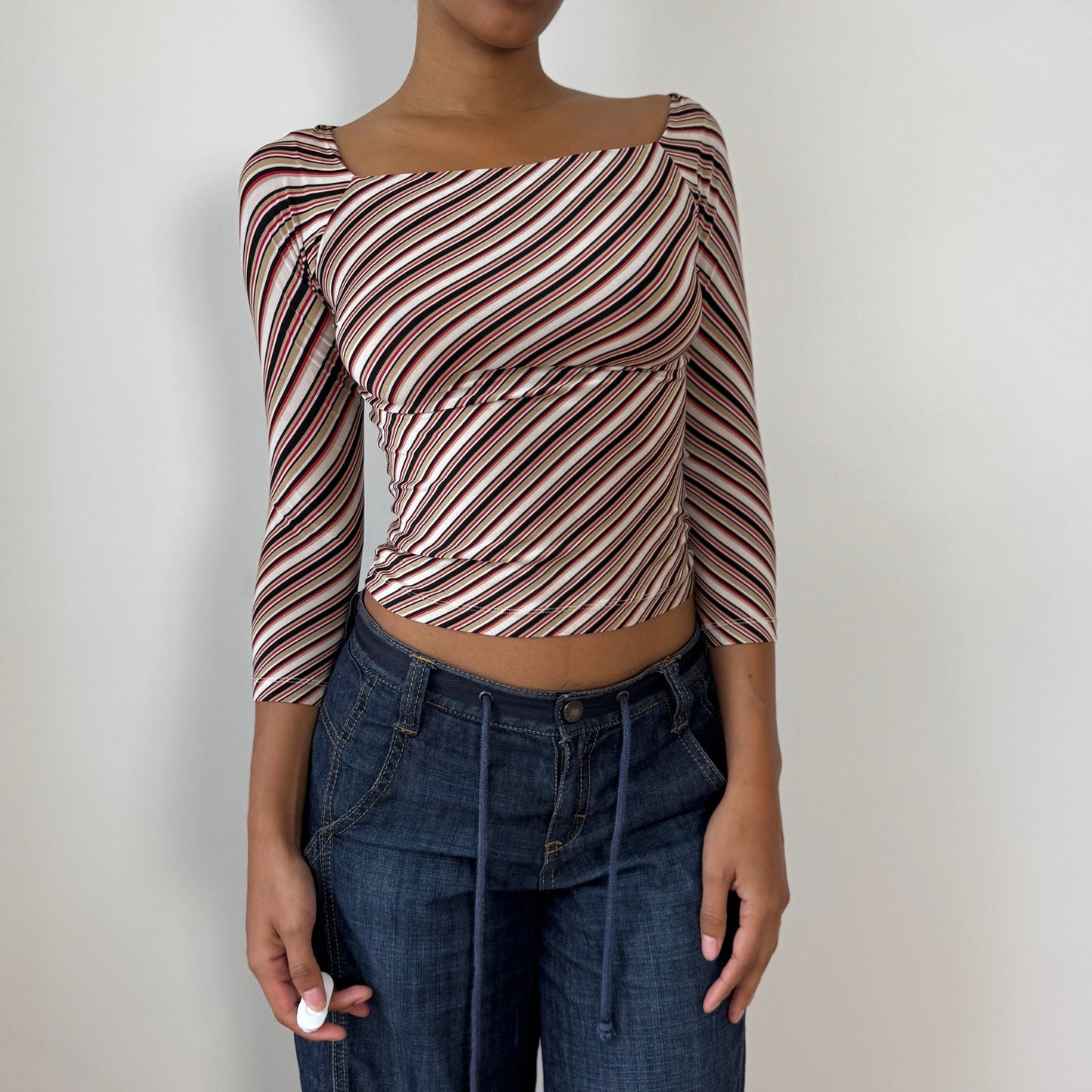 Vintage Italian Diagonal-Stripe Slinky Square-Neck Top (XS/S)