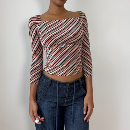 Vintage Italian Diagonal-Stripe Slinky Square-Neck Top (XS/S)