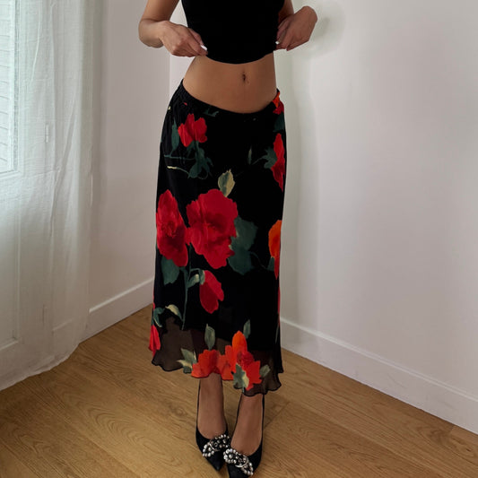 Vintage Black Red Rose Mesh Midi Skirt Sheer Floral Y2K Skirt (S) ⠀