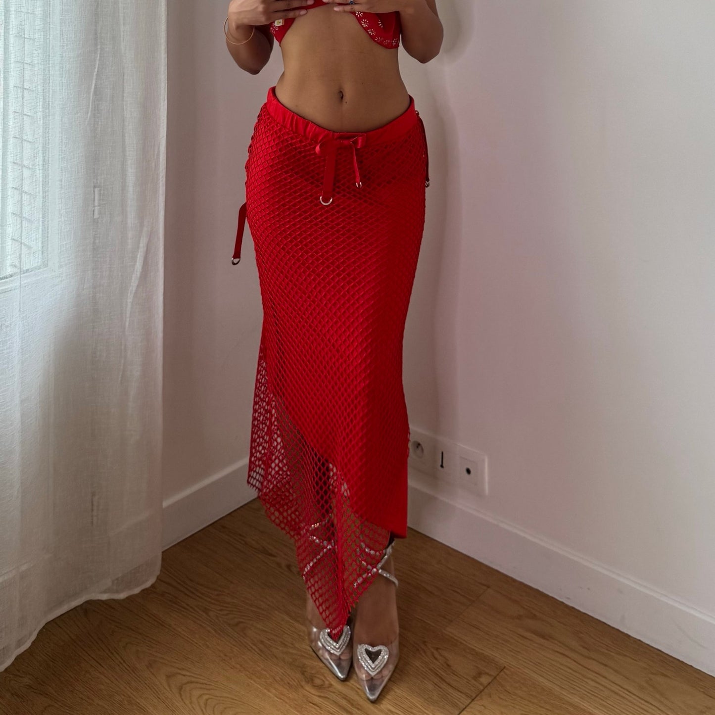 Vintage Red Fishnet Maxi Skirt Slinky Layered Y2K (S)