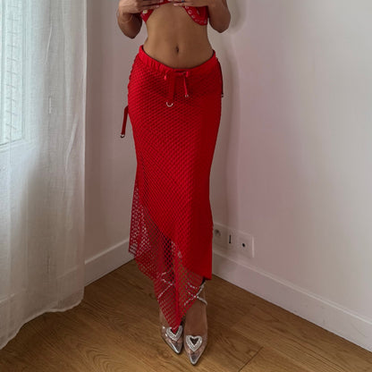 Vintage Red Fishnet Maxi Skirt Slinky Layered Y2K (S)