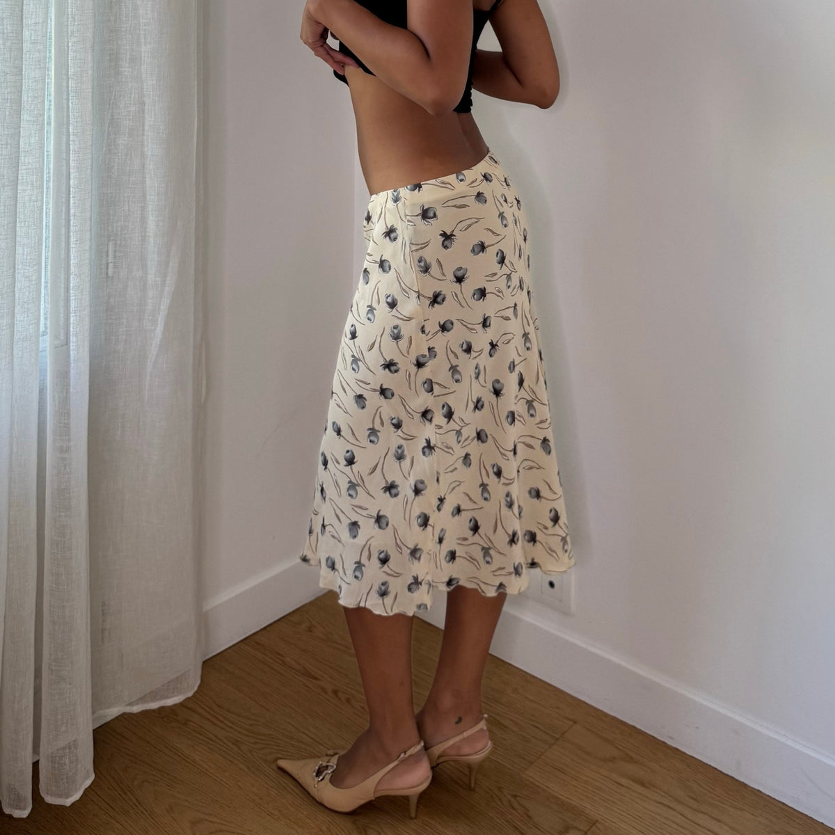 Vintage Italian Floral Mesh Midi Skirt (S)