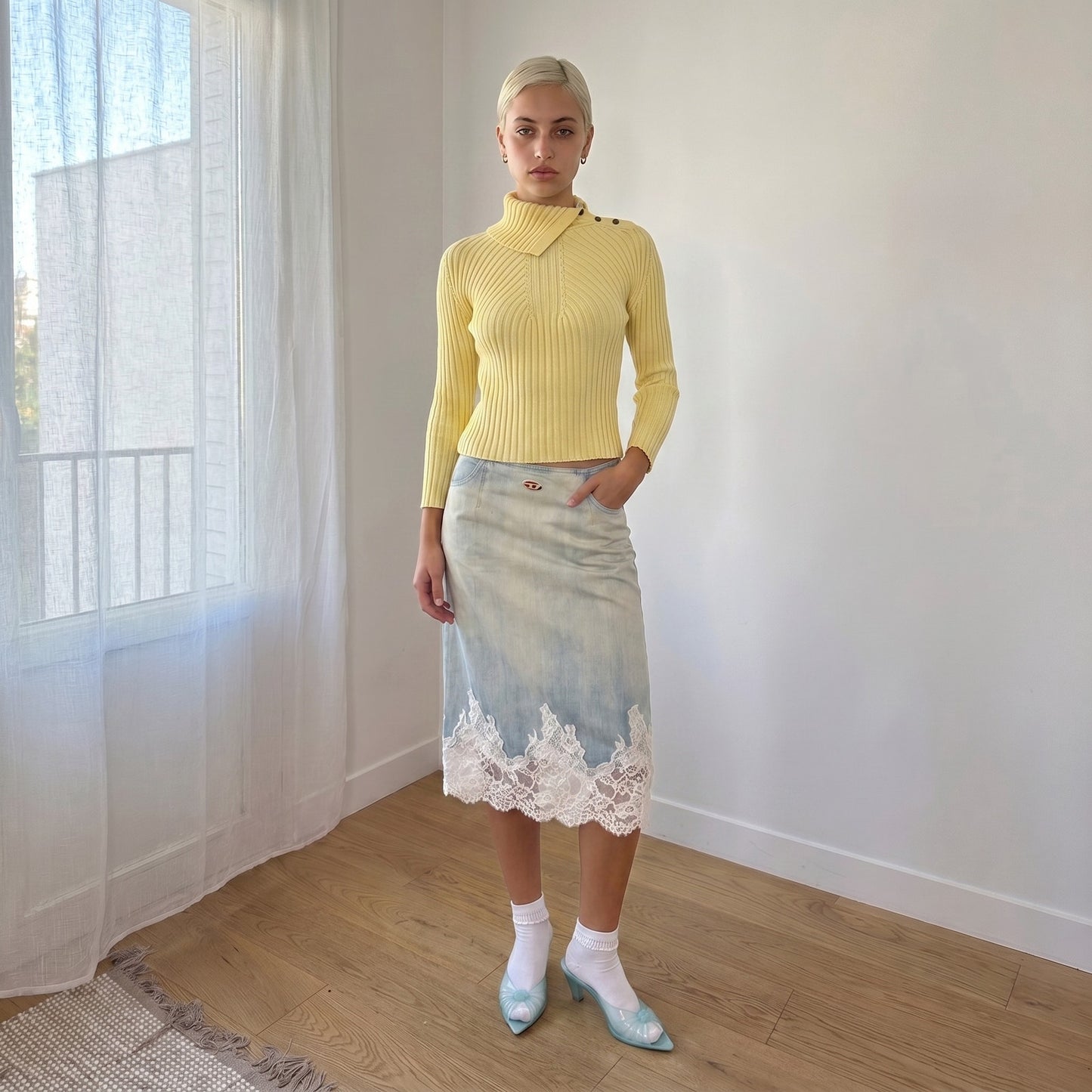 Vintage Yellow Ribbed Knit Merino Wool Sweater Foldover Neck Italian Y2K (S)