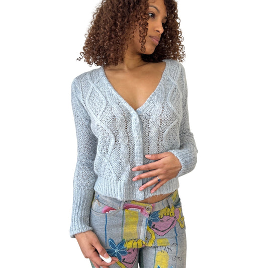 Vintage Italian grey with blue hue mohair blend cable knit cardigan (S)