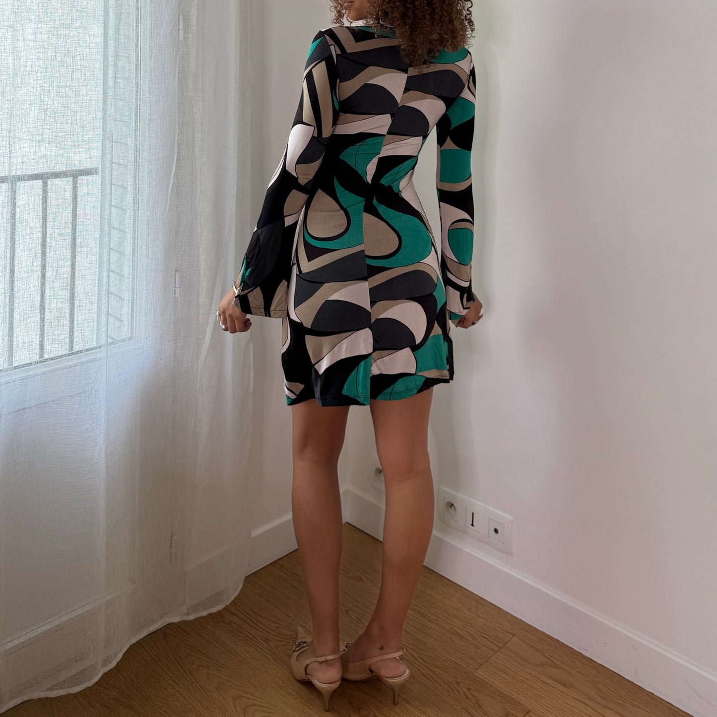 Vintage Green Black Beige Abstract Slinky Cutout Mini Dress Italian Y2K (S/M)