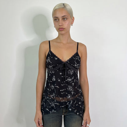 Vintage Black Embroidered Sequin Sheer Cami Top Italian Y2K (S)