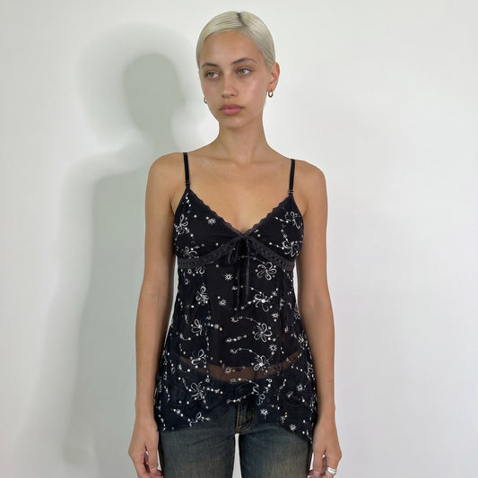 Vintage Black Embroidered Sequin Sheer Cami Top Italian Y2K (S)