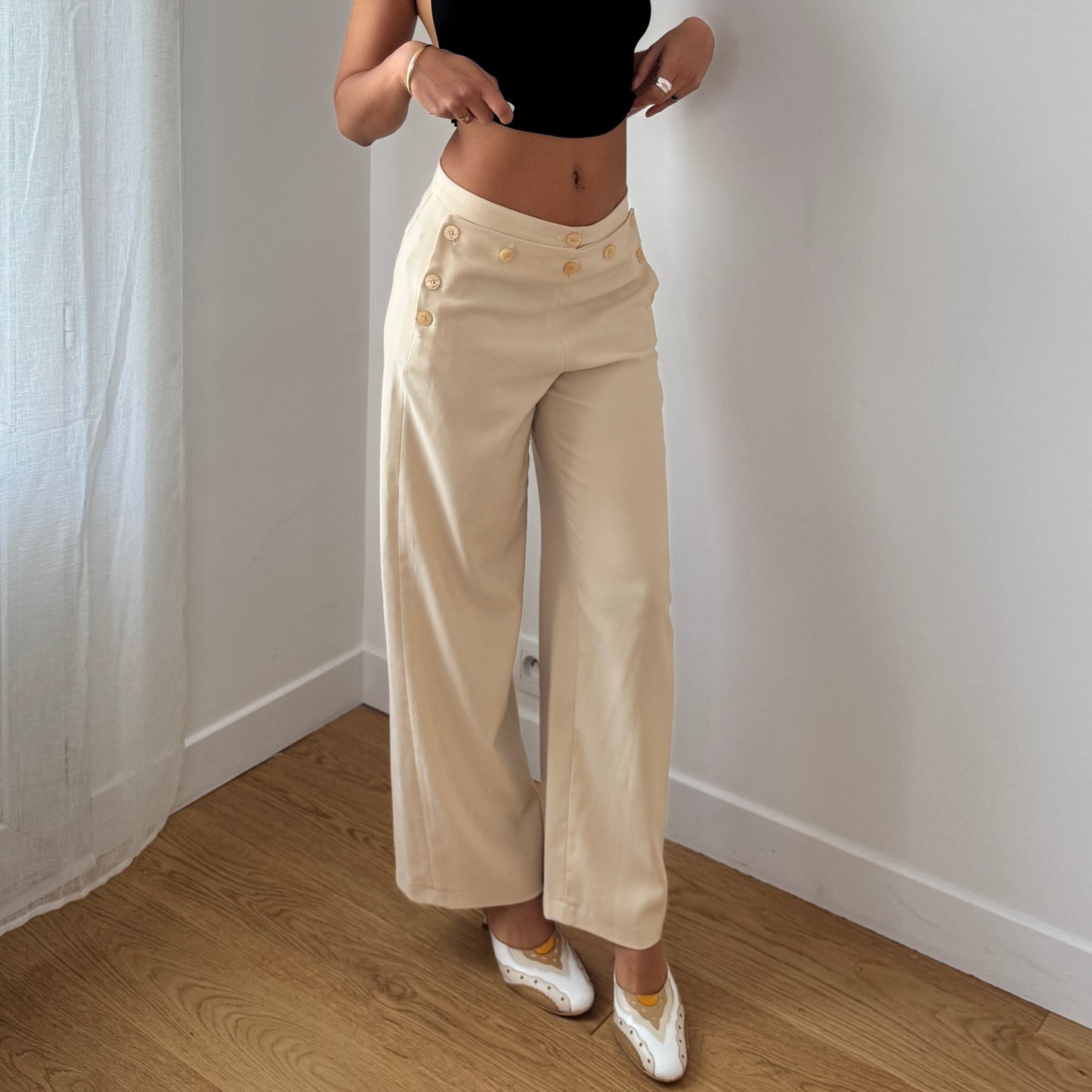 Vintage Cream Straight Leg Trousers Button Detail Y2K French (S)