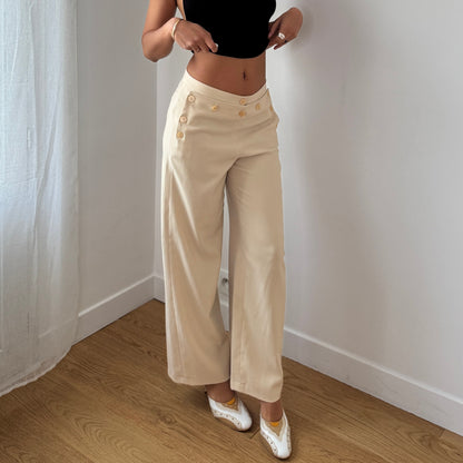 Vintage Cream Straight Leg Trousers Button Detail Y2K French (S)