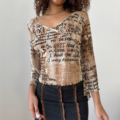 Vintage French Y2K Beige Script Print Mesh Flare Sleeve Top (S/M)