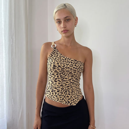 Vintage Euro Leopard Print One Shoulder Asymmetric Top Y2K (S/M)