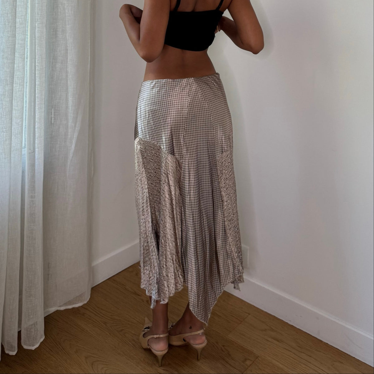 Vintage Italian Polka Dot Satin Asymmetric Midi Skirt (S)