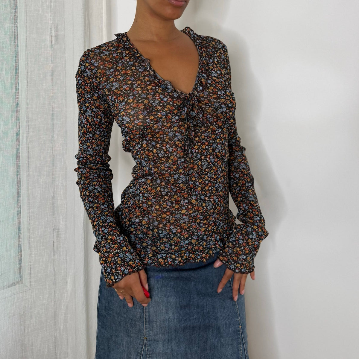 Vintage Black Orange Blue Ditsy Floral Print Semi Sheer Mesh Long Sleeve Top