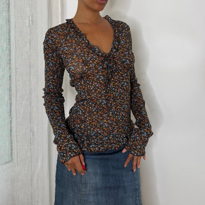 Vintage Black Orange Blue Ditsy Floral Print Semi Sheer Mesh Long Sleeve Top