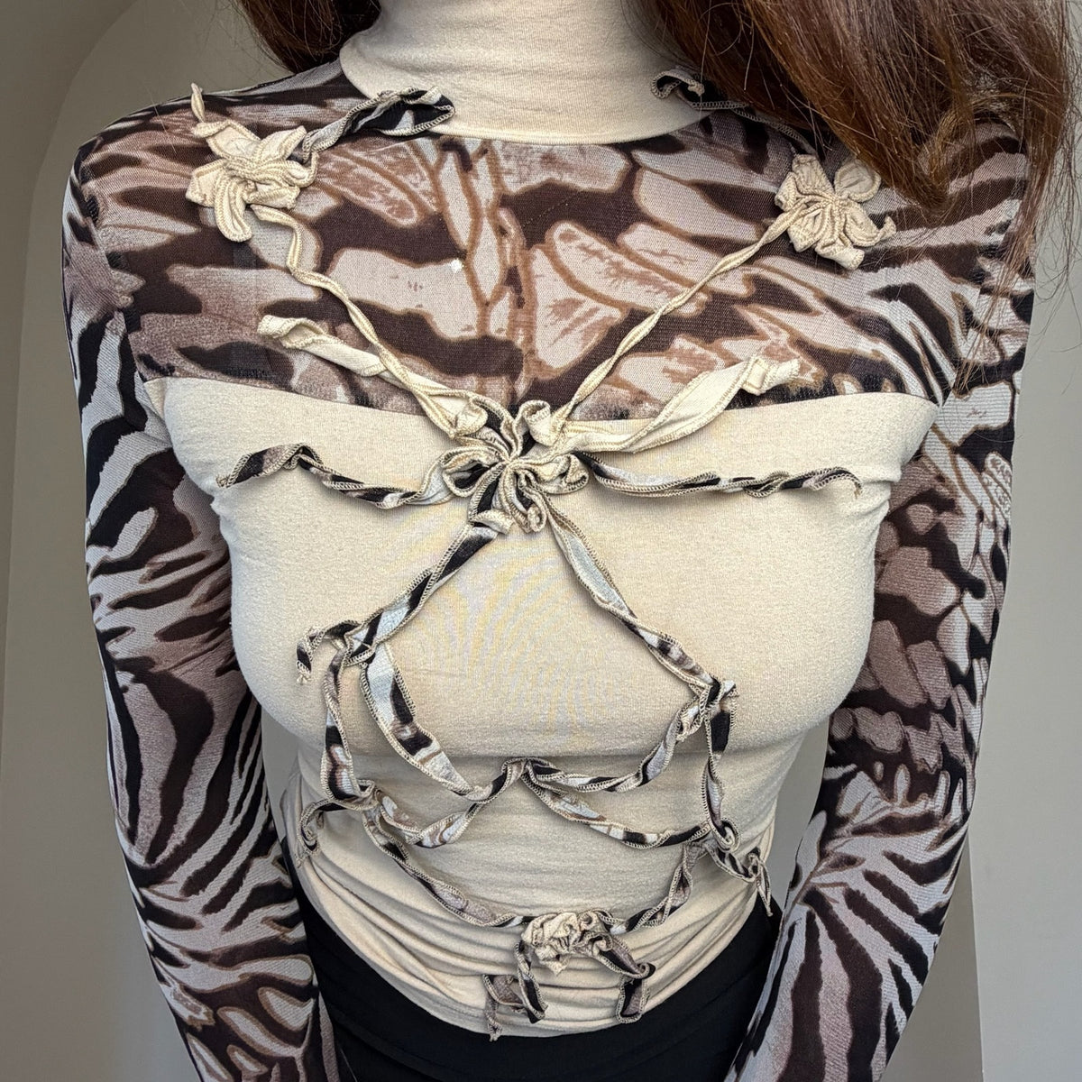 Italian Vintage Cream Brown Zebra Print Mesh Slinky Long Sleeve Top