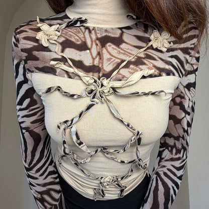 Italian Vintage Cream Brown Zebra Print Mesh Slinky Long Sleeve Top