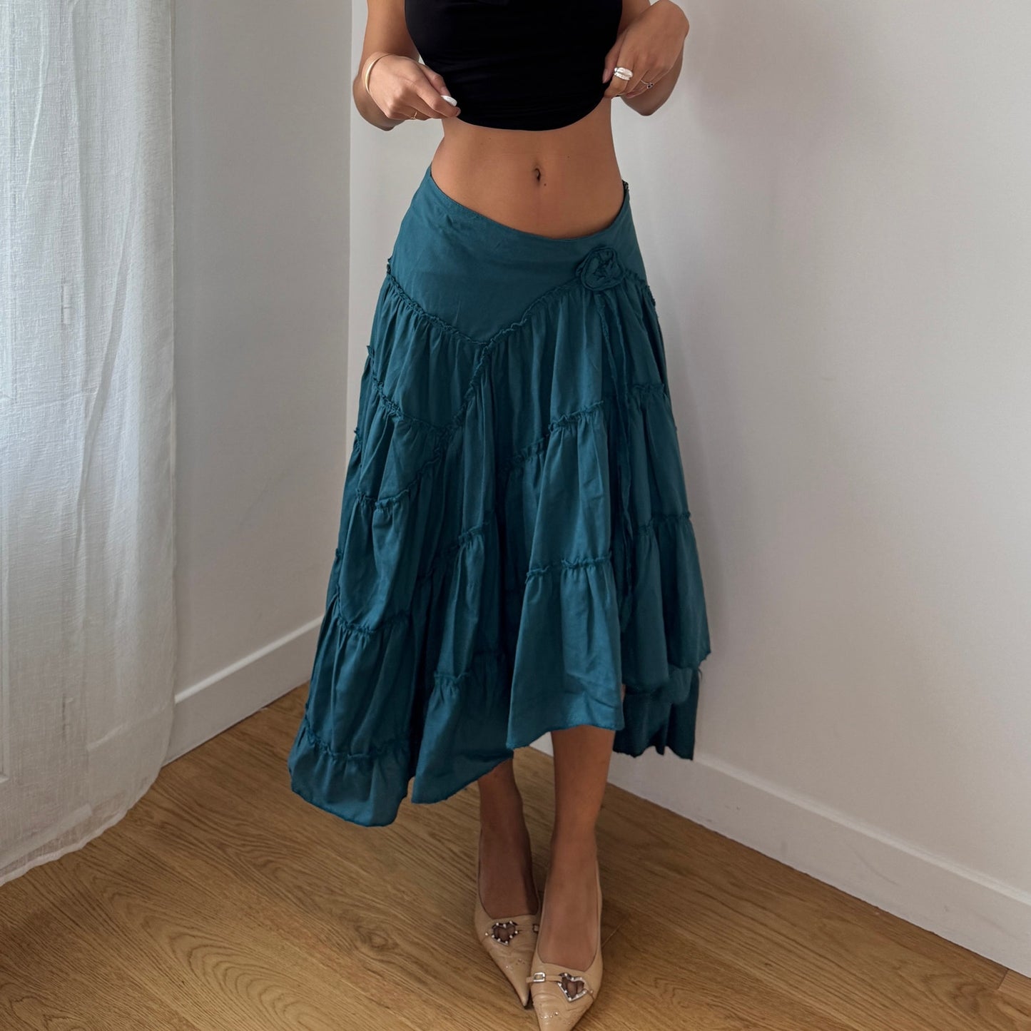 Vintage Teal Tiered Midi Skirt Y2K French Parisian (S)