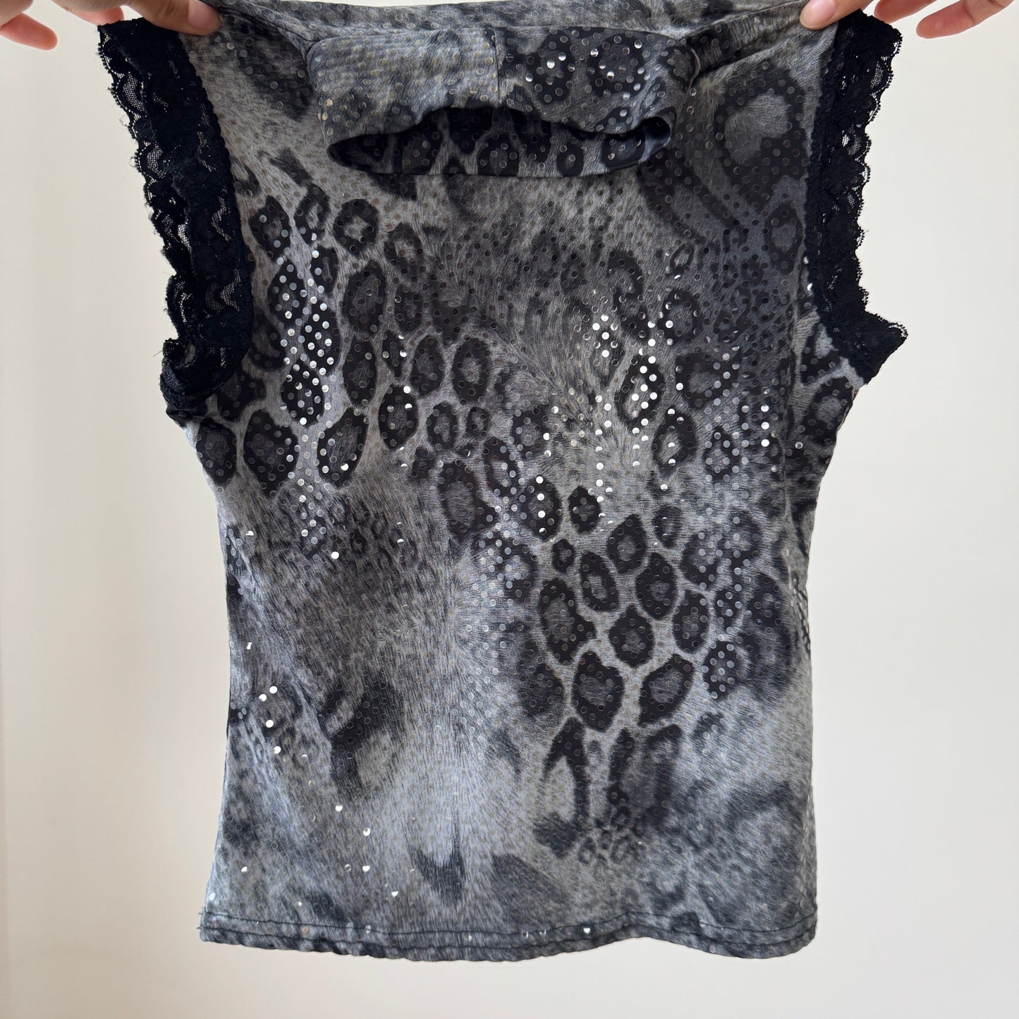 French Vintage Slinky Leopard Shimmer Mock-Neck Top (S/M)