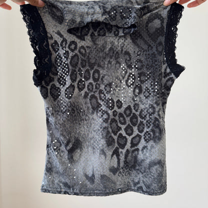 French Vintage Slinky Leopard Shimmer Mock-Neck Top (S/M)