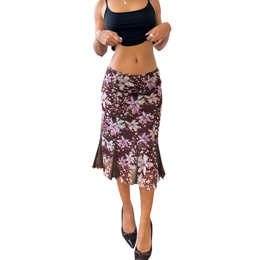 Vintage Italian Brown Floral Mesh Midi Skirt Sheer Ruffle Hem (S)