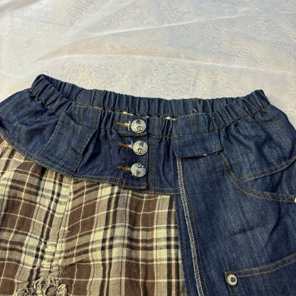 Vintage 00s plaid midi skirt with denim waistband and back (XS/S)