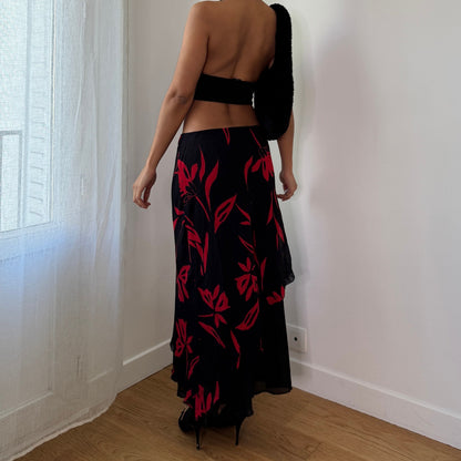 Vintage Y2K Black Red Floral Mesh Midi Skirt with Sheer Ruffle Hem Made in Italy (S) ⠀