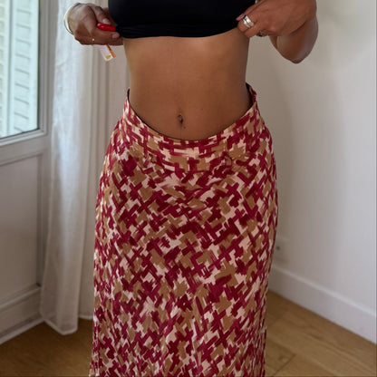 Vintage 90s Italian 100% Silk Abstract Print Midi Skirt