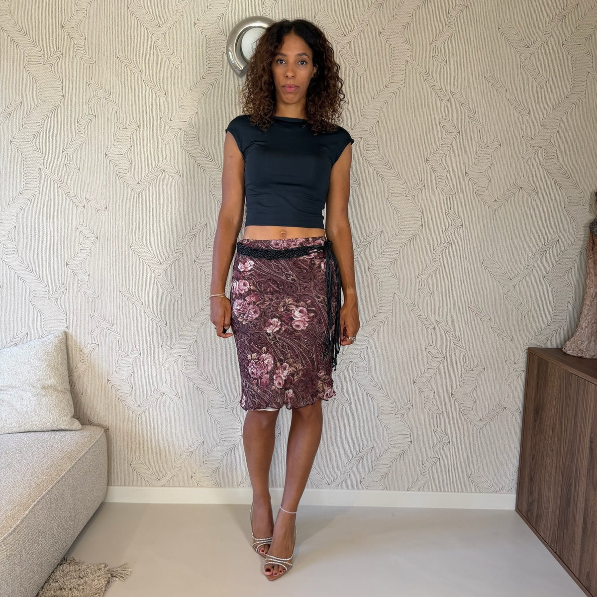 French vintage Y2K burgundy pink floral paisley mesh pencil skirt with braided fringe belt