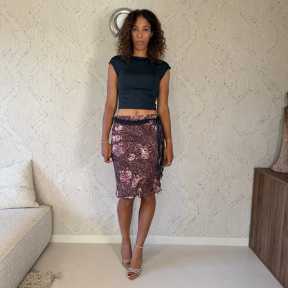French vintage Y2K burgundy pink floral paisley mesh pencil skirt with braided fringe belt