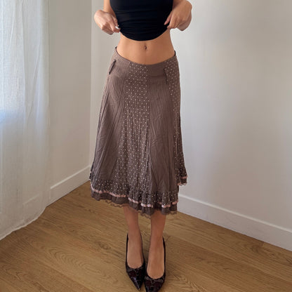 Vintage French Taupe Midi Skirt Polka Dot Panel Lace Trim (S)