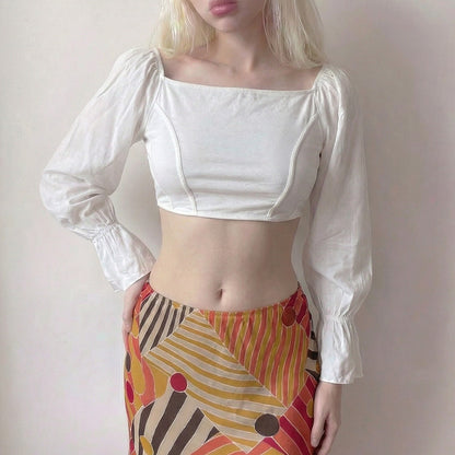 Vintage Italian White Puff Sleeve Square Neck Crop Top (S/M)