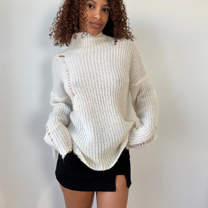 Vintage Italian ivory mohair blend distressed rib knit turtleneck sweater one size