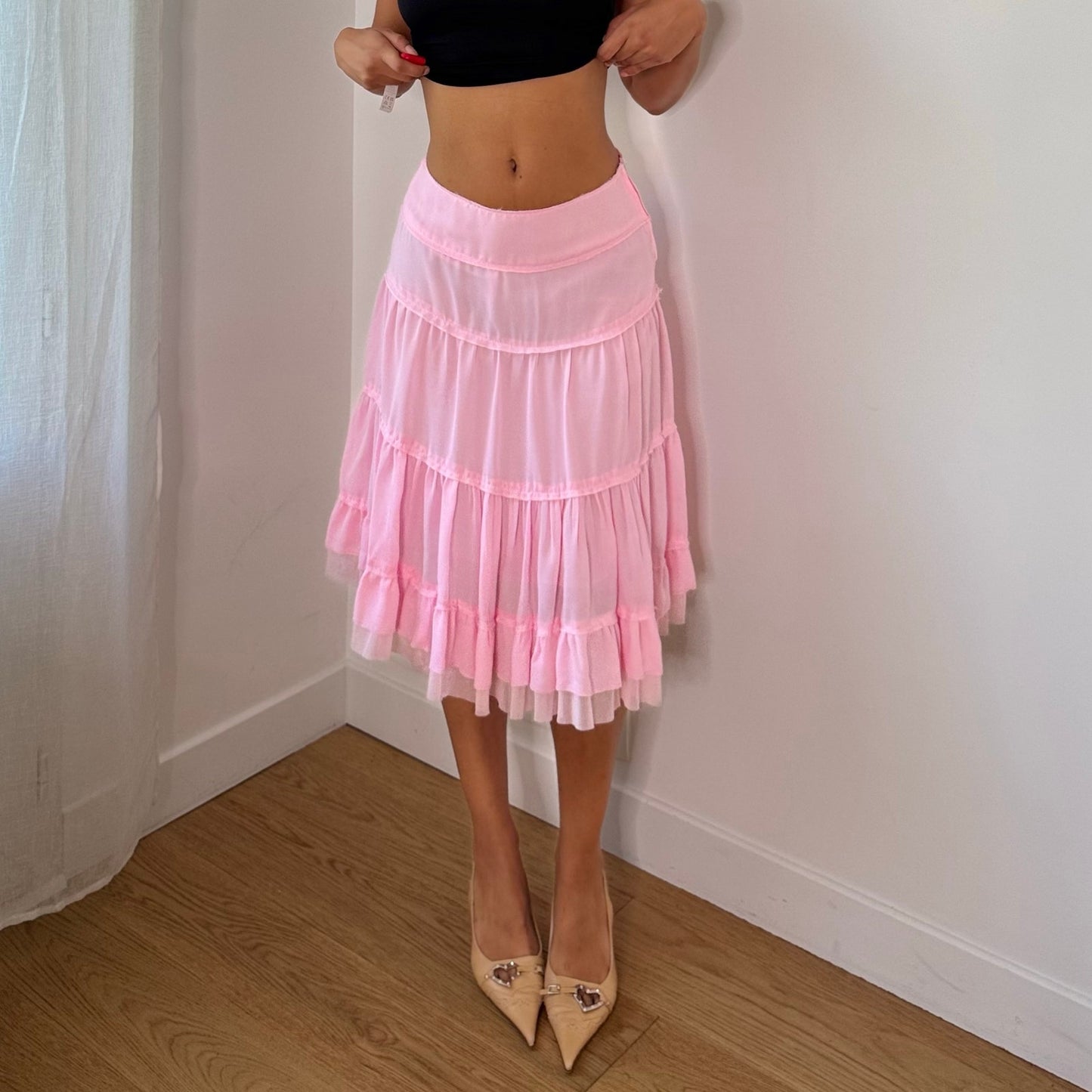 Vintage Baby Pink Tiered Ruffle Mesh Midi Skirt French Y2K (XS/S)