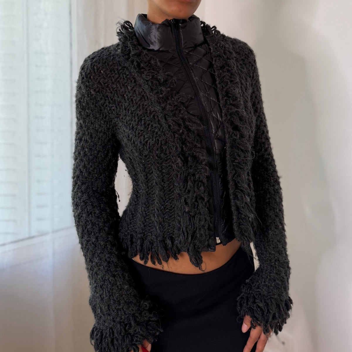 Italian vintage Y2K charcoal grey textured wool blend zip-up jacket with quilted panels and high collar