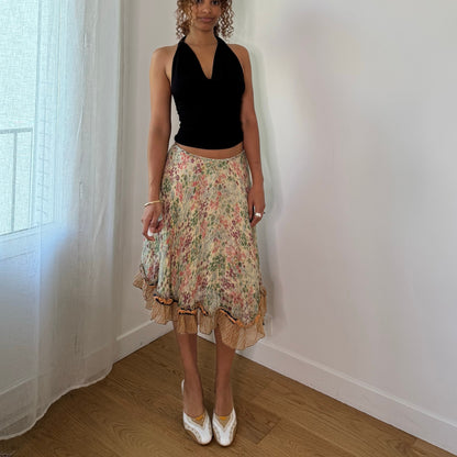 Vintage Tricot Chic Floral Silk Ruffle Midi Skirt Italian Y2K (XS/S)