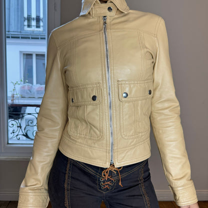 Vintage Butter Soft Zip Front Beige Moto Leather Jacket (XS/S)