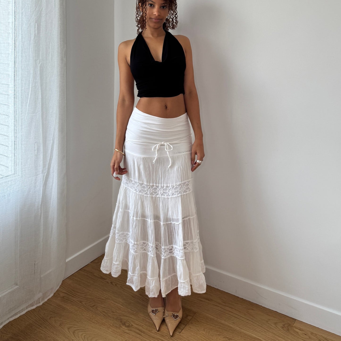 Vintage White Crinkle Tiered Maxi Skirt Lace Trim Y2K Italian (S)