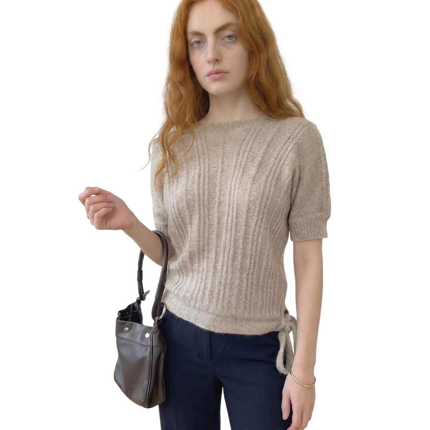 Vintage Italian Beige Mohair Blend Knit Top Short Sleeve Textured Fitted (M)