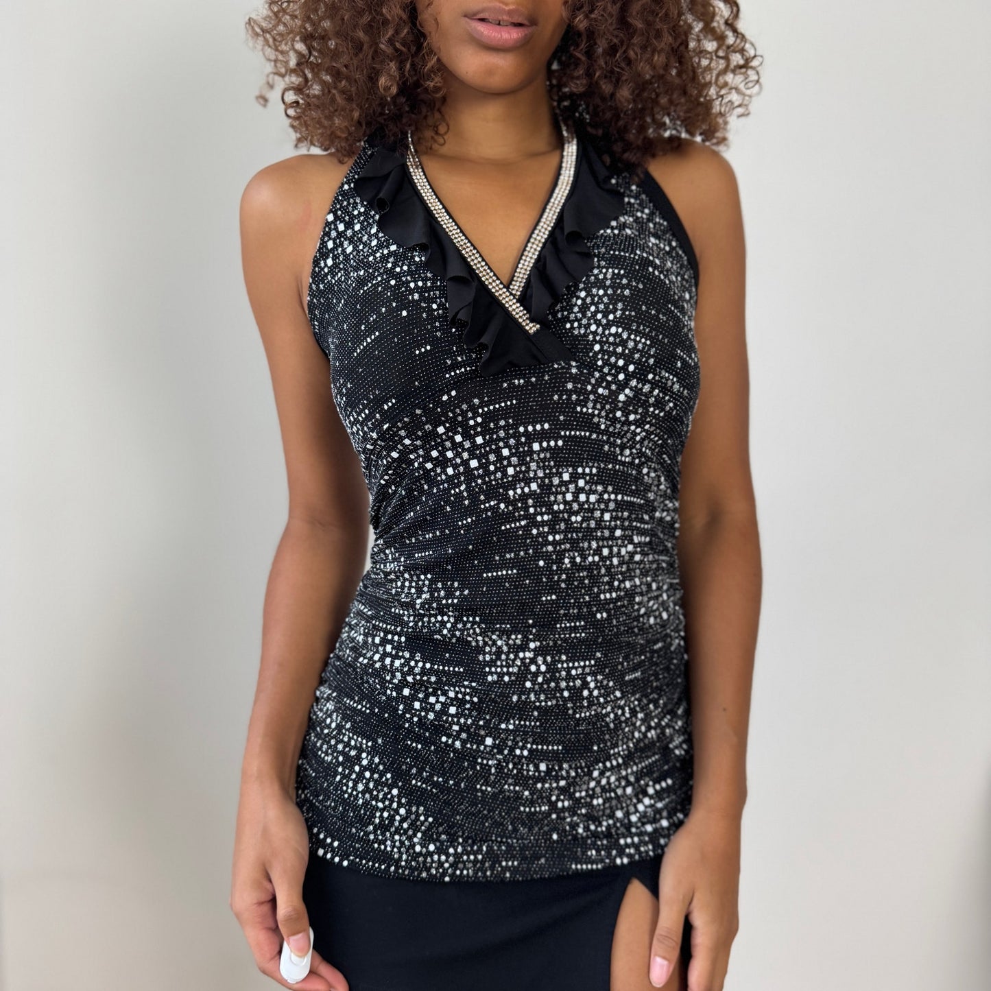 Vintage Italian black rhinestone-speckled halter top (M)