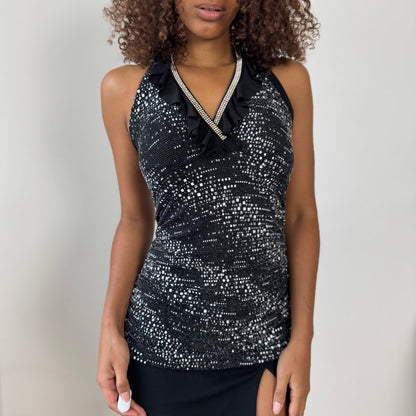 Vintage Italian black rhinestone-speckled halter top (M)