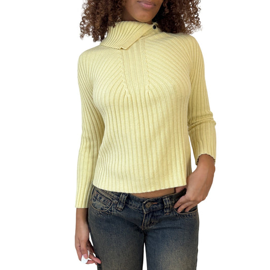 Vintage Italian Butter Yellow Ribbed Merino Wool Blend Collared Knit Top (Small)