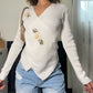 Made in Italy - Vintage 90s white ribbed knit wrap front long sleeves tee (S-M)