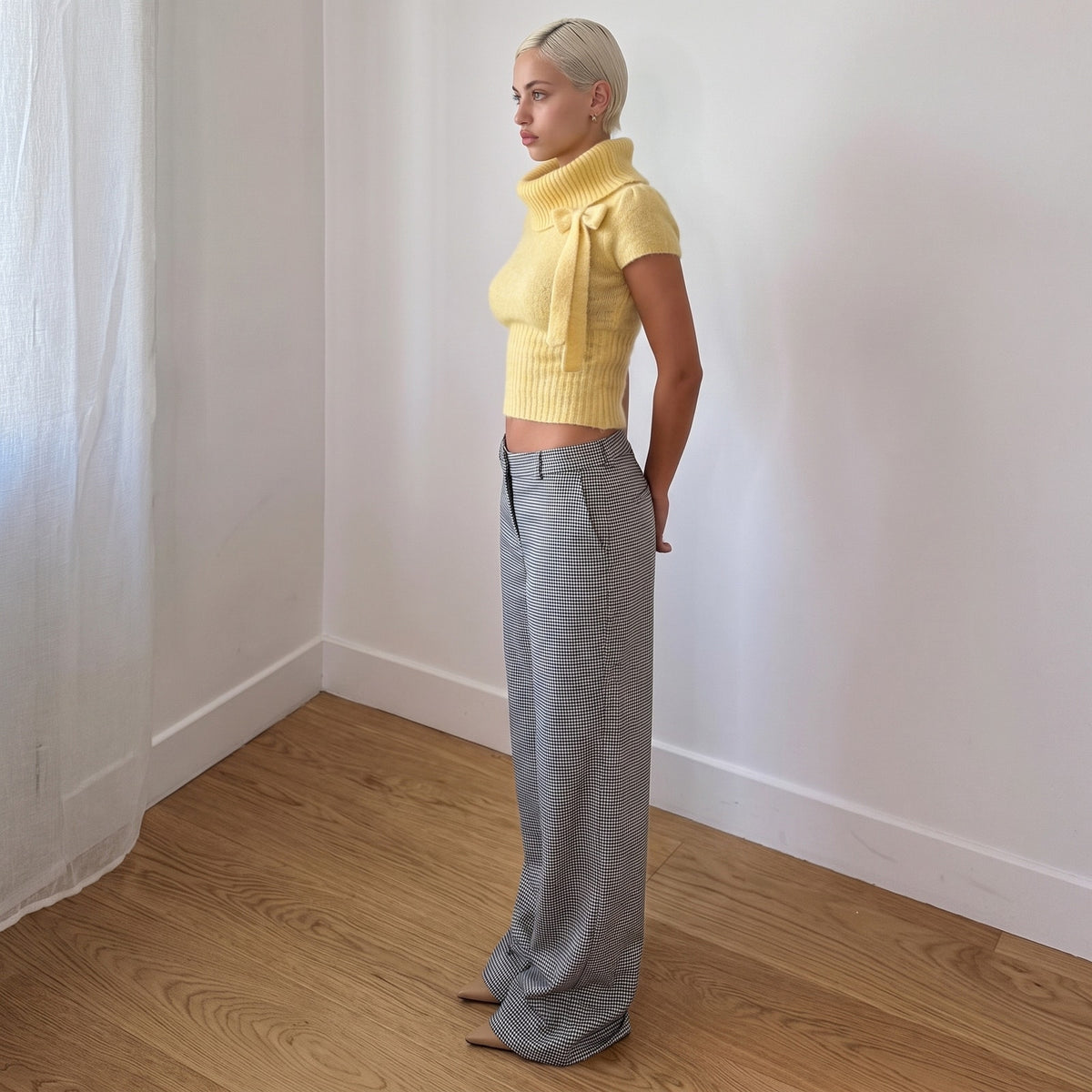 Vintage Italian Blue & White Houndstooth Wide Leg Trousers (S)