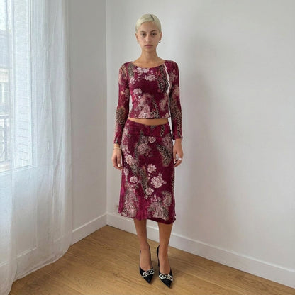 Vintage French Burgundy Cheetah Floral Lace Mesh Top Y2K (S)