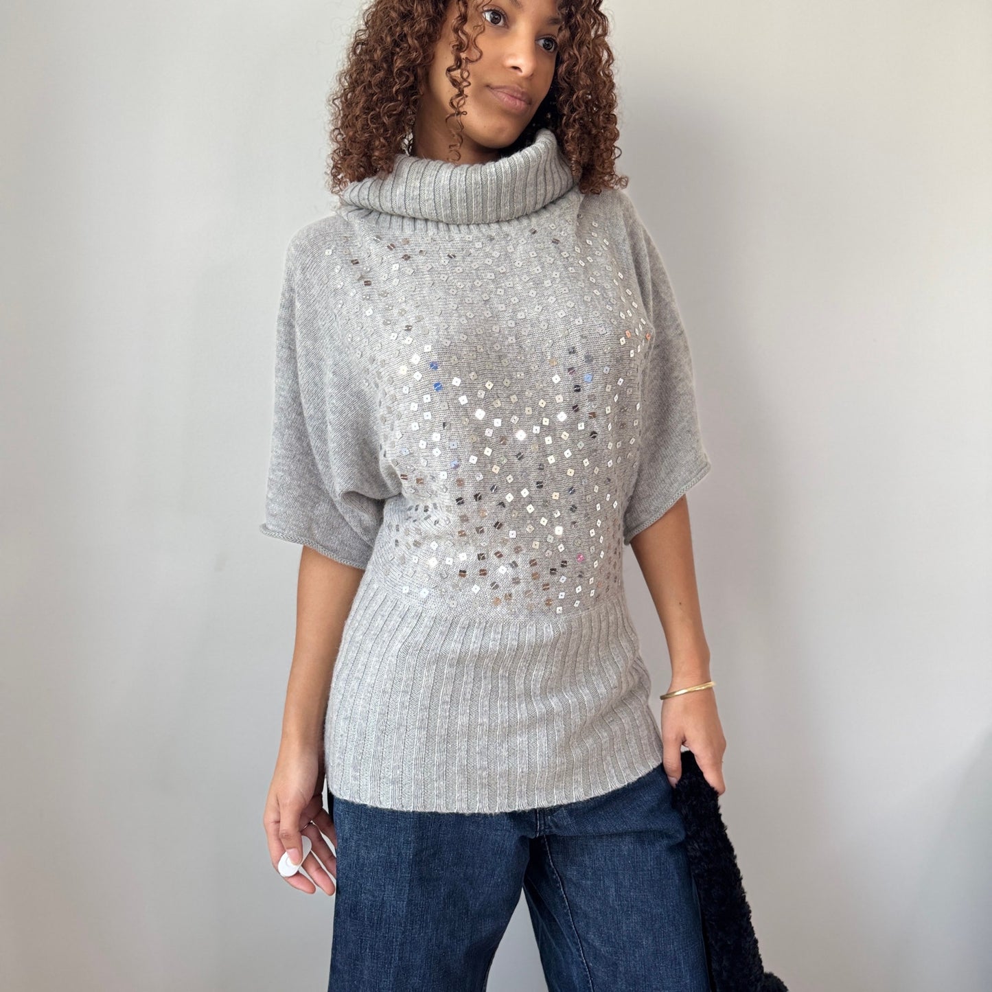 Vintage Italian Grey Sequin Embellished Knit Turtleneck Sweater Wool Angora Blend (S/M)